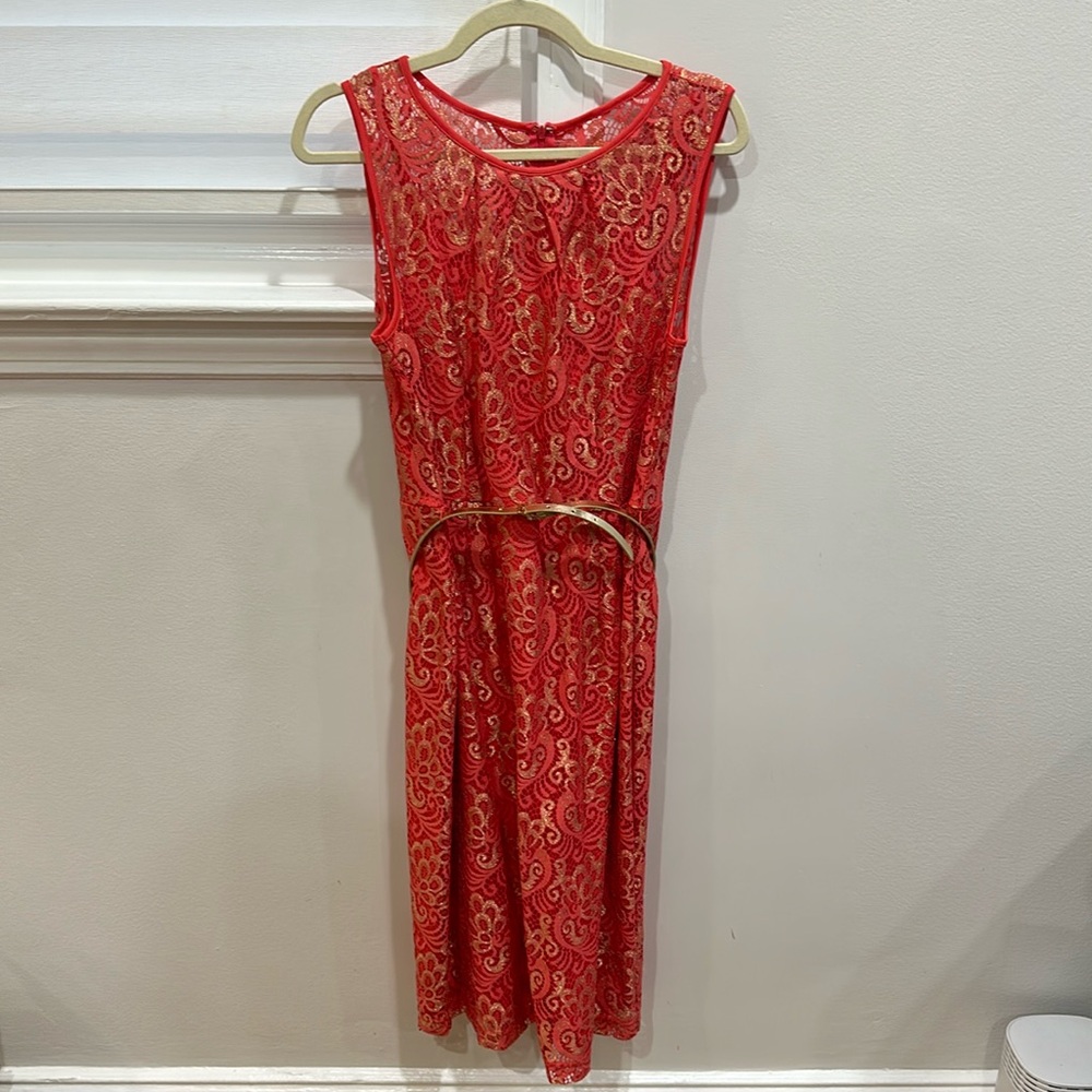 Ellen Tracy orange pink gold belted cocktail dress size 12